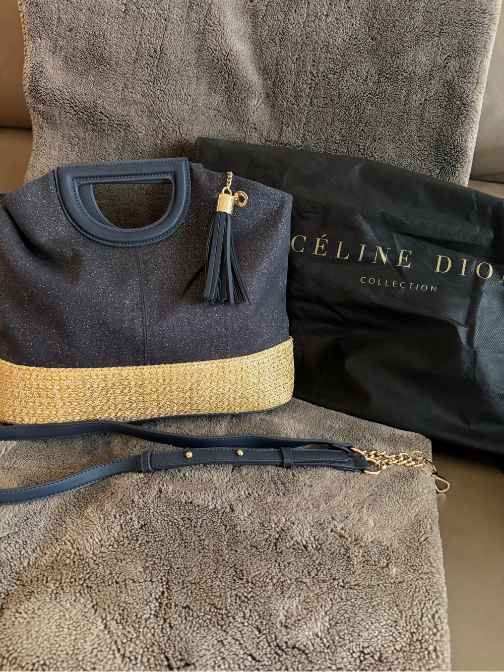Navy Shoulder Tote with Gold Straw Band and Tassel